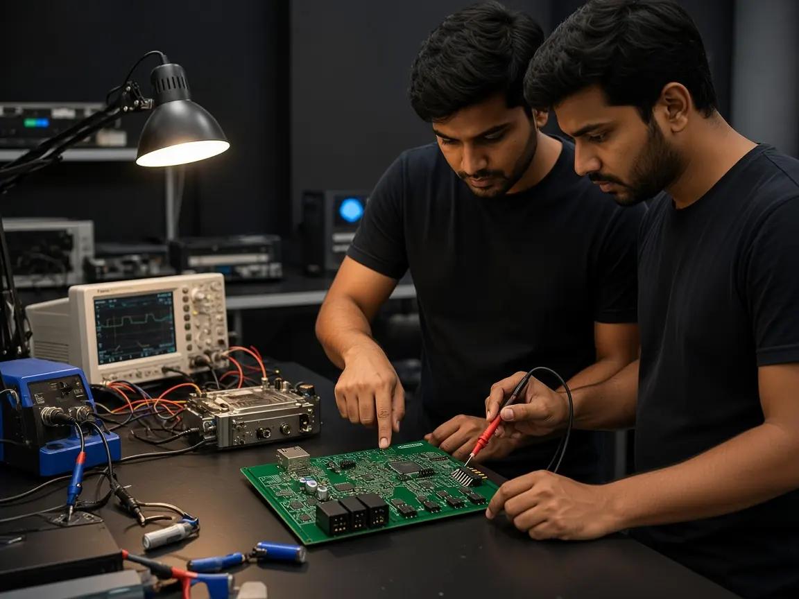 Two engineers inspecting a battery-management board on a lab bench