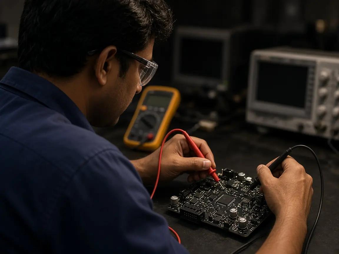 An engineer probing a battery-management circuit board