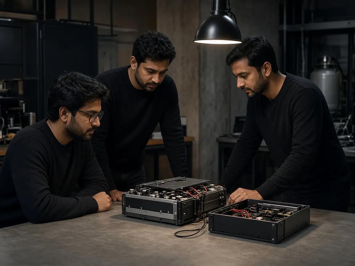 Engineers reviewing a battery prototype at a workbench