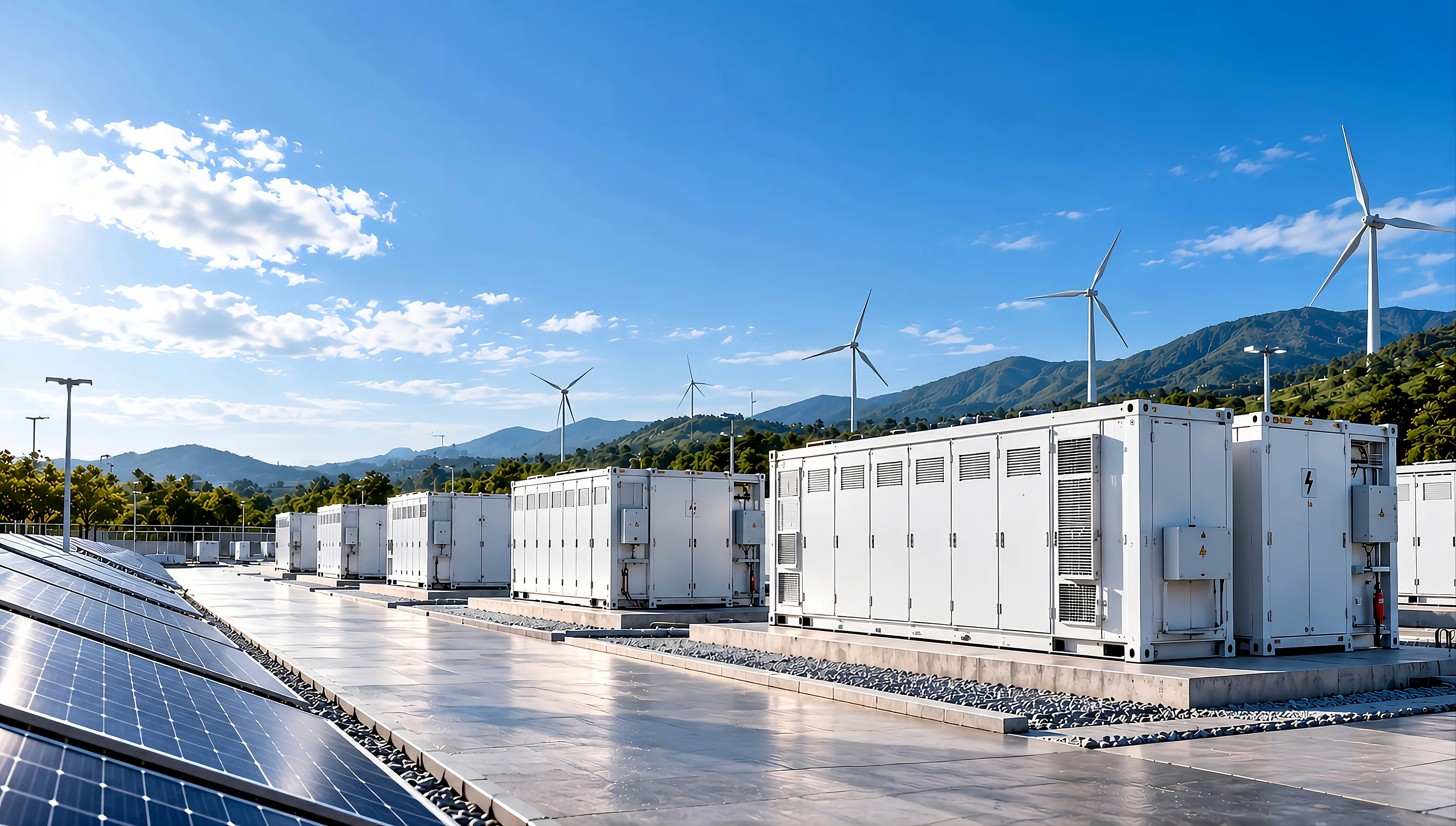 Daylight energy storage facility with battery containers, solar panels, and wind turbines