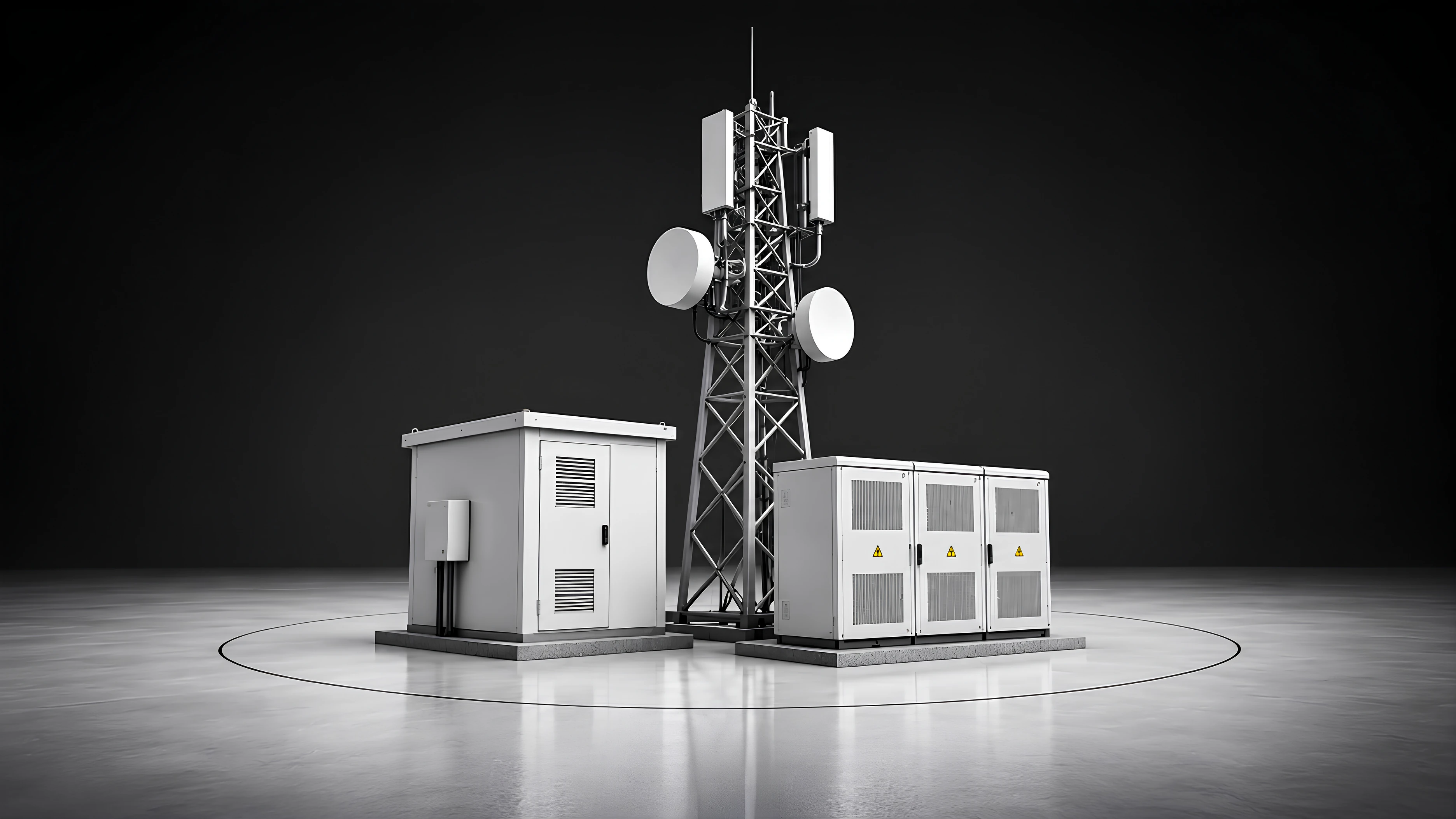 Telecom tower with equipment shelter and battery cabinets