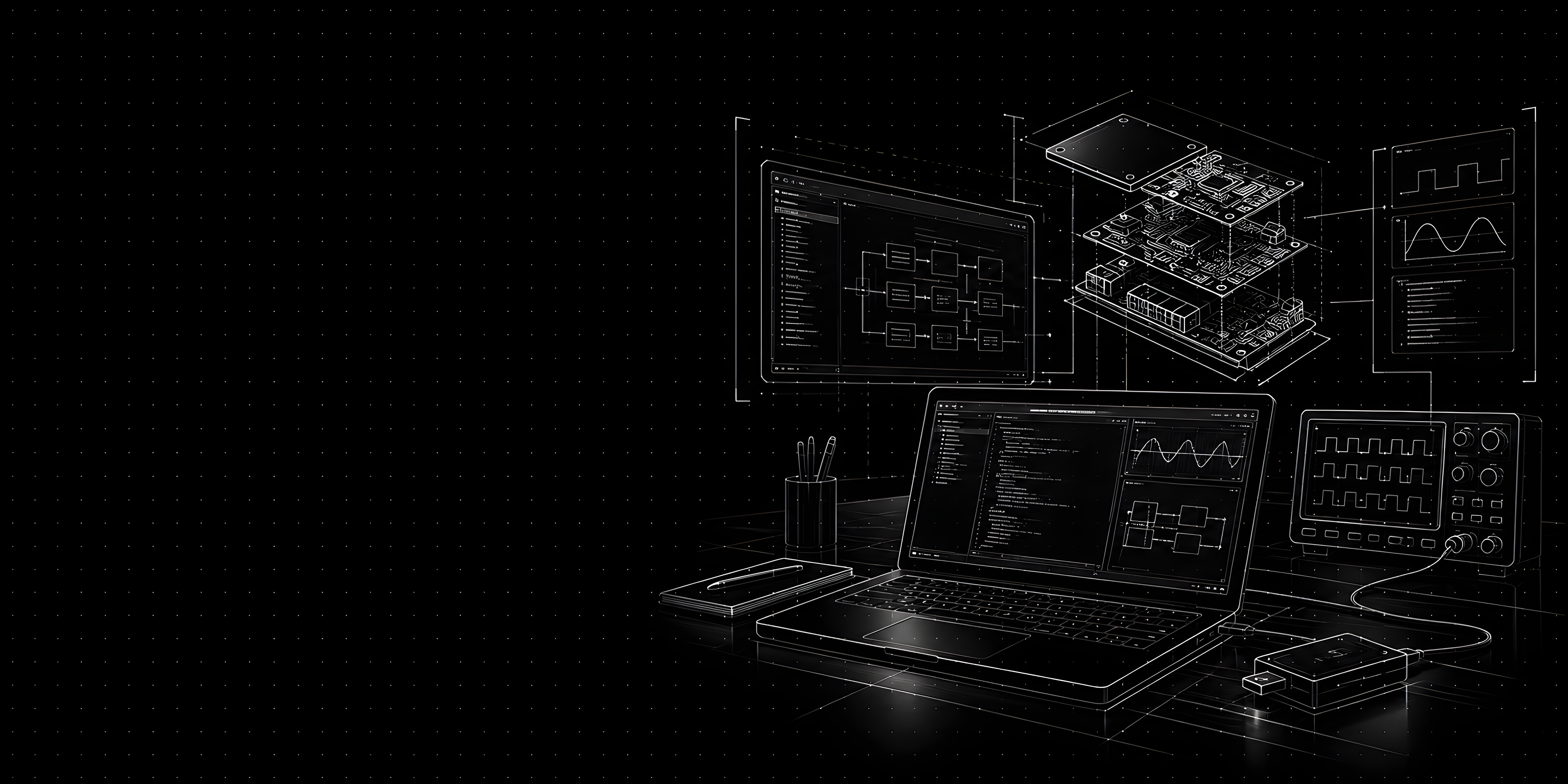 Monochrome technical illustration of an electronics workstation