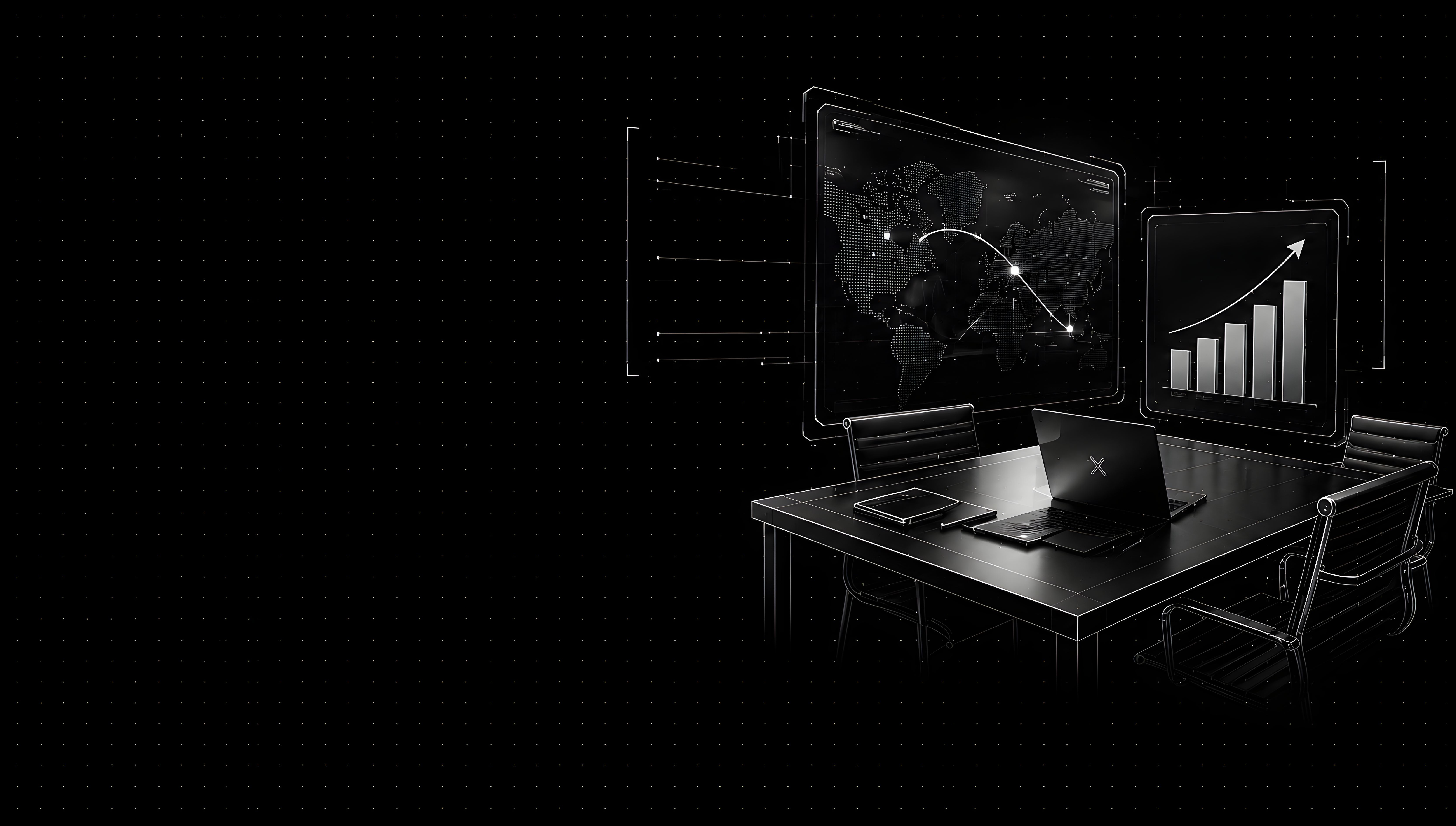 Monochrome illustration of a sales operations workspace with a world map and growth chart