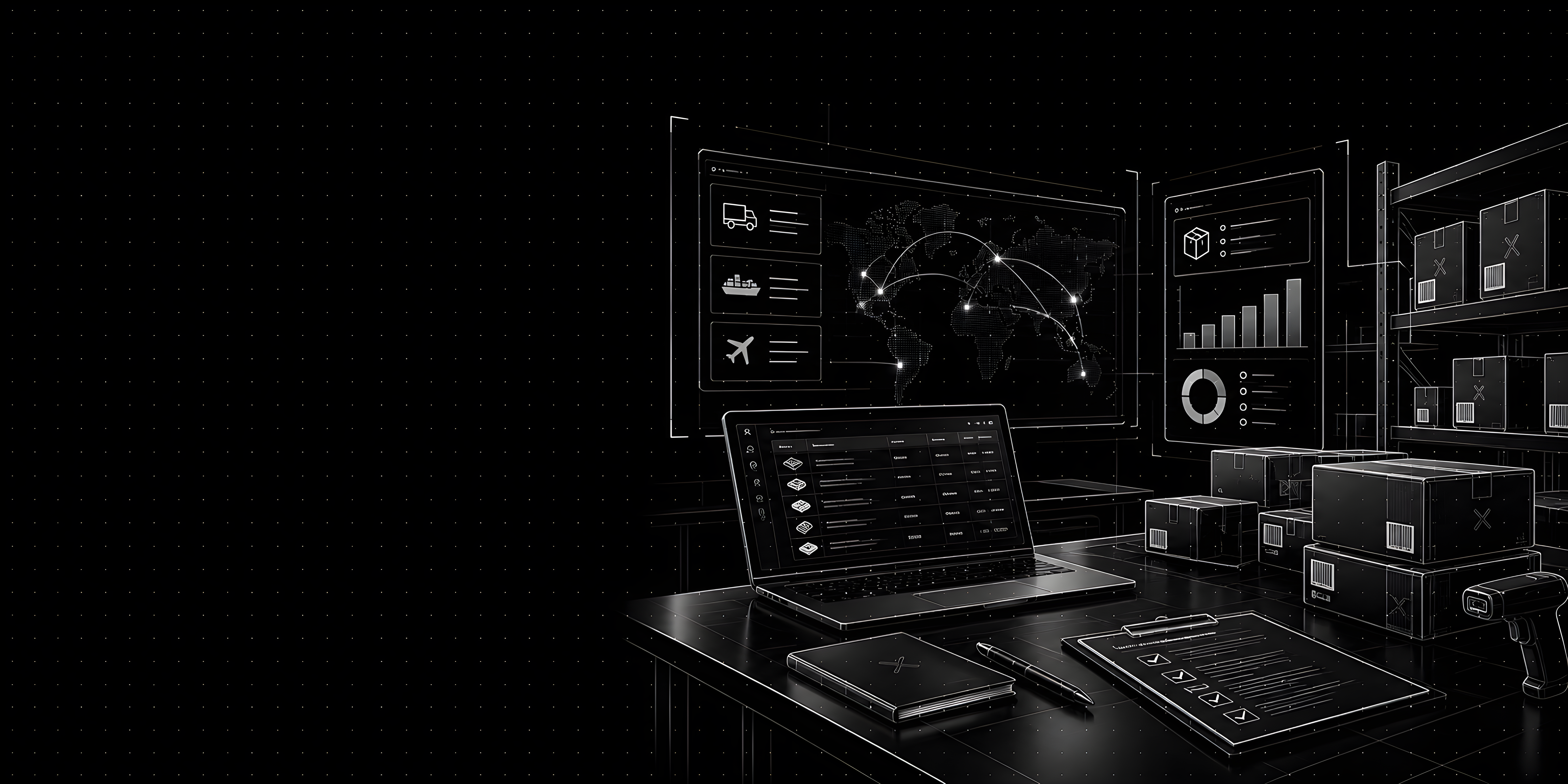 Monochrome illustration of a supply chain workspace with shipments, inventory, and a logistics dashboard