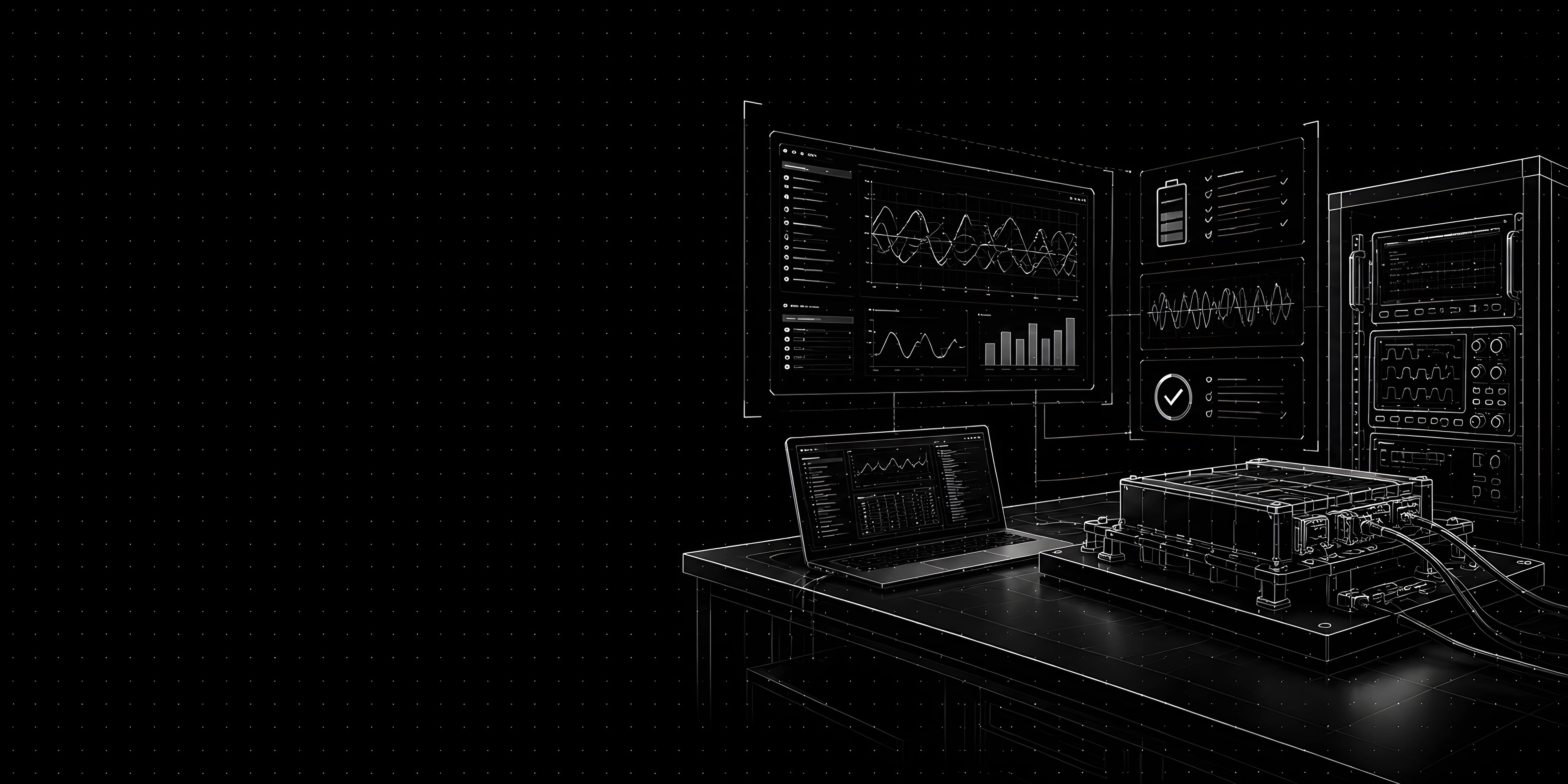Wireframe validation lab with test equipment and battery hardware